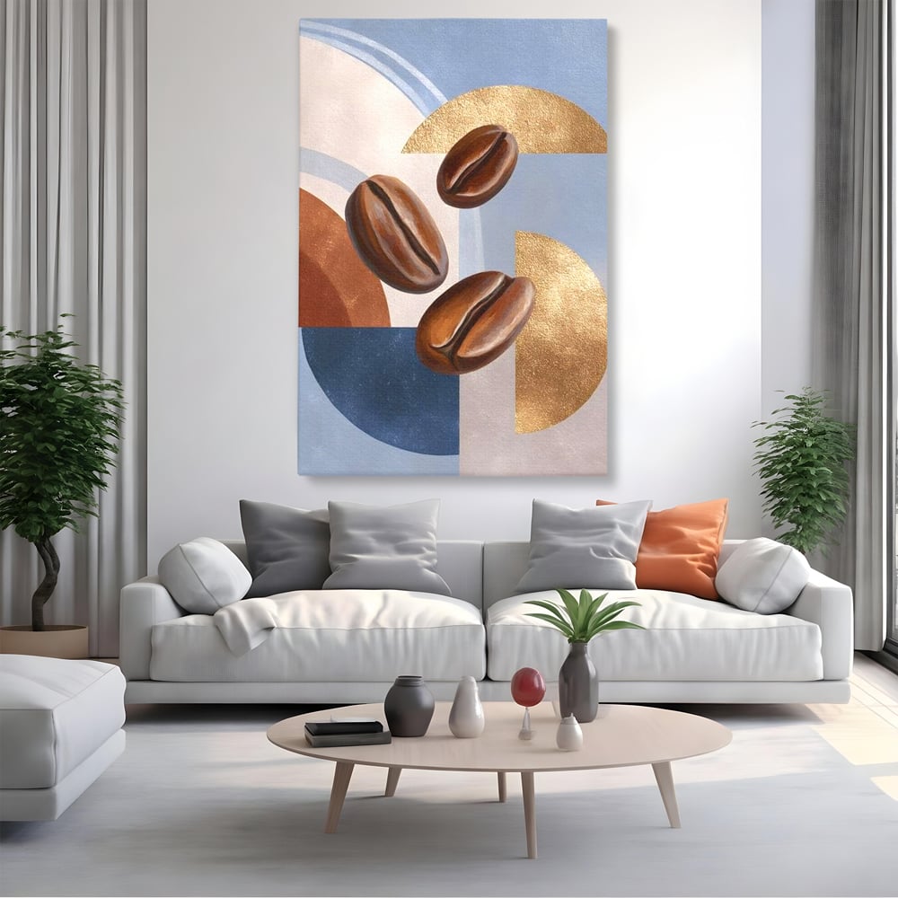 Tablou canvas cu tablou canvas cu boabe de cafea, fara rama, pe sasiu de lemn, pe perete intr-un living